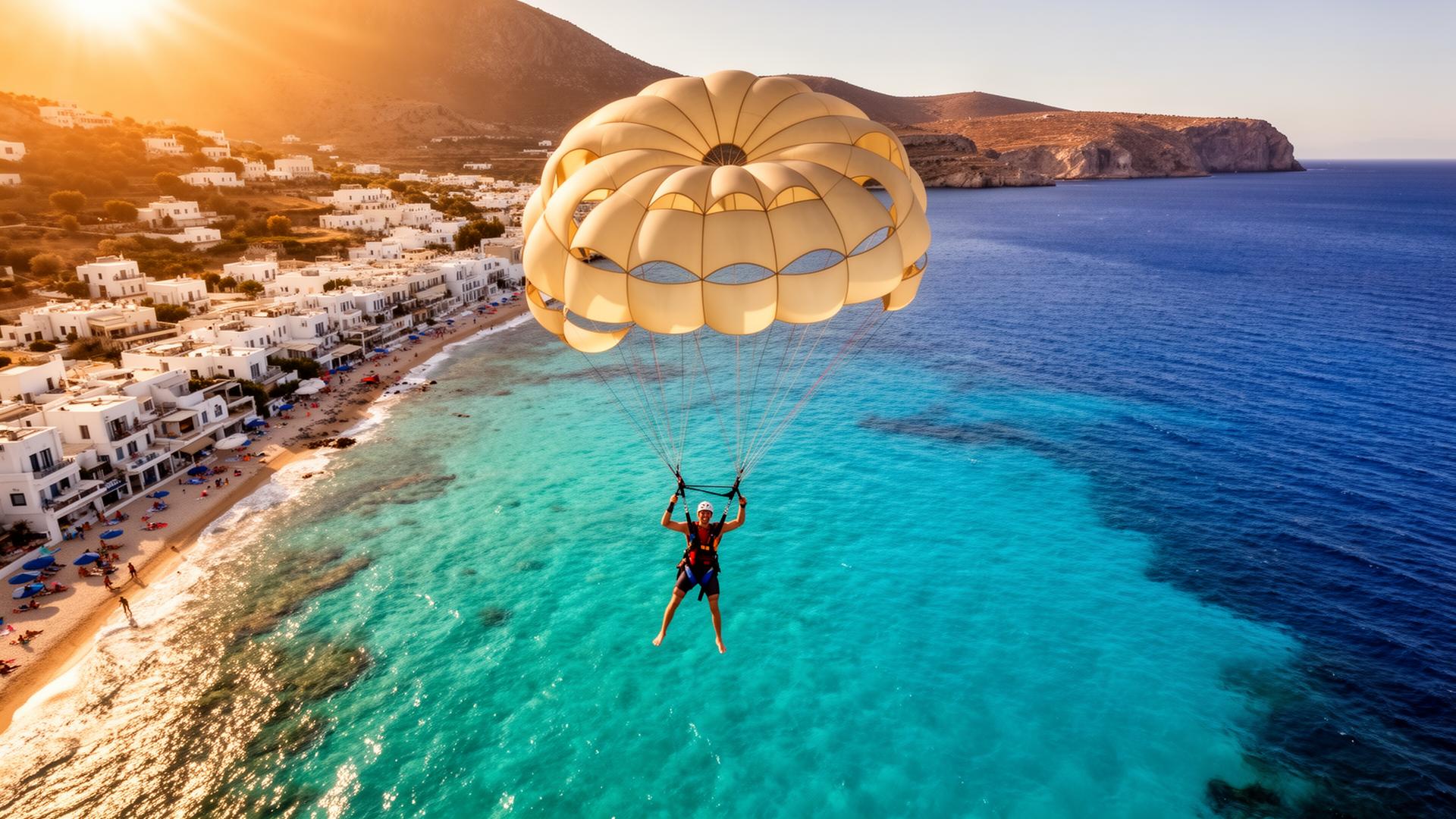 Parasailing above the turquoise sea in Sitia, Crete
